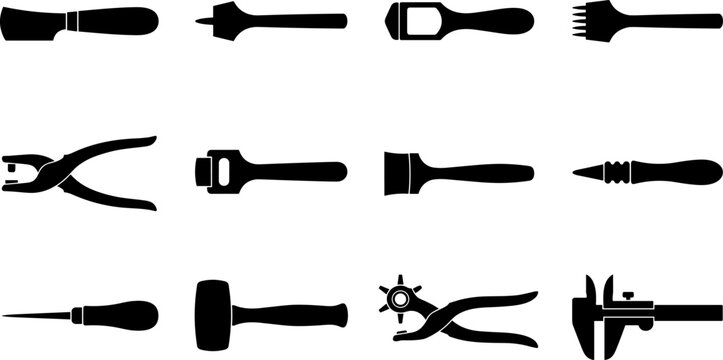 Leatherworking Hand Tools and Leather Craft Processing Equipment Vector Silhouette Icon Set
