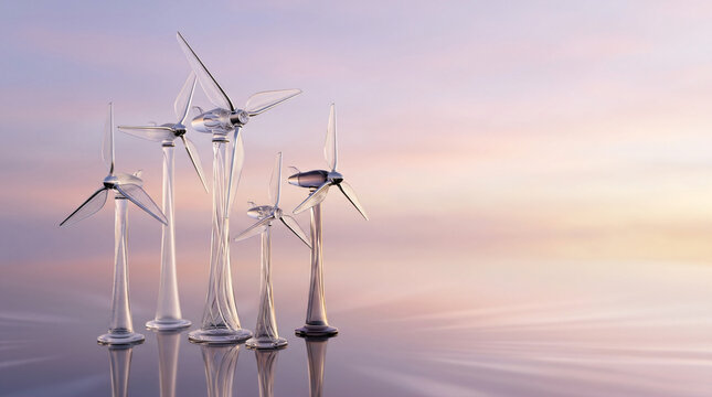 futuristic glass wind turbines concept | sustainable renewable energy background | aesthetic clean energy illustration | clear crystal wind farm at sunset