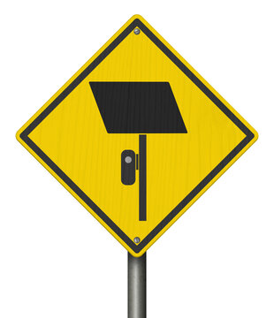 Surveillance camera icon yellow warning sign isolated on white for license plate reader LPR