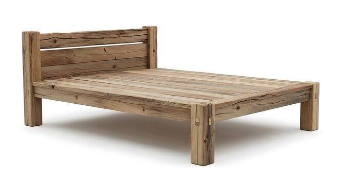 Rustic bed frame made from reclaimed weathered wood isolated against a plain white background with constructed aged rustic