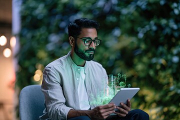 Fototapeta premium Man using a tablet with holographic data projection in a green tech environment for ui mockup background and innovation banner