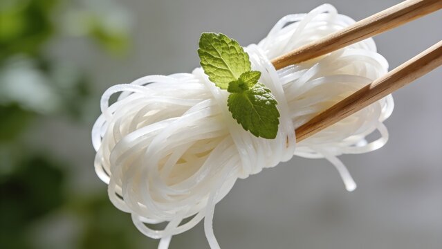 Macro Shot Chilled Rice Vermicelli Wrapped on Wooden Chopsticks with Fresh Mint Leaf