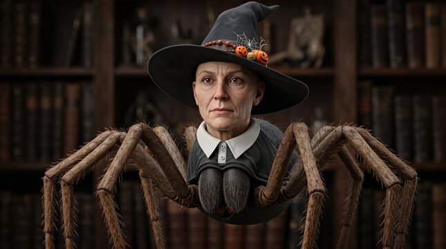 Fantasy witch with spider body and Halloween hat in a library