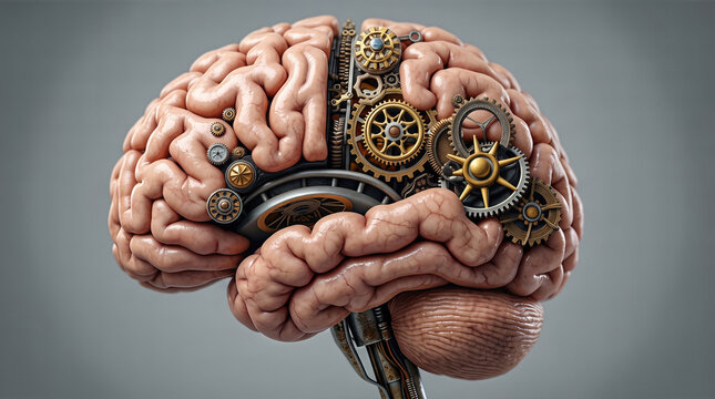 Steampunk human brain with mechanical gears and cogs on grey background