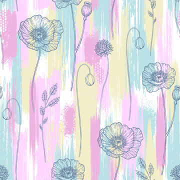 Seamless pattern with abstract wildflowers on colorful background. Creative texture for fabric, wrapping, print, textile, wallpaper, apparel. Vector illustration in pastel colors