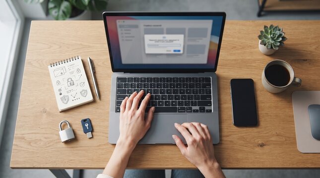 Person working on laptop with software update notification on screen at wooden desk
