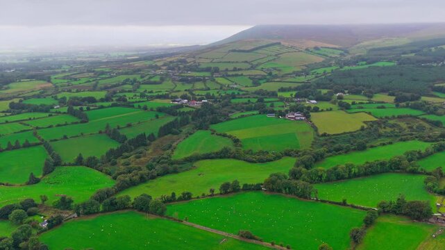 Aerial view of green agricultural fields and hills in County Wicklow Irish countryside