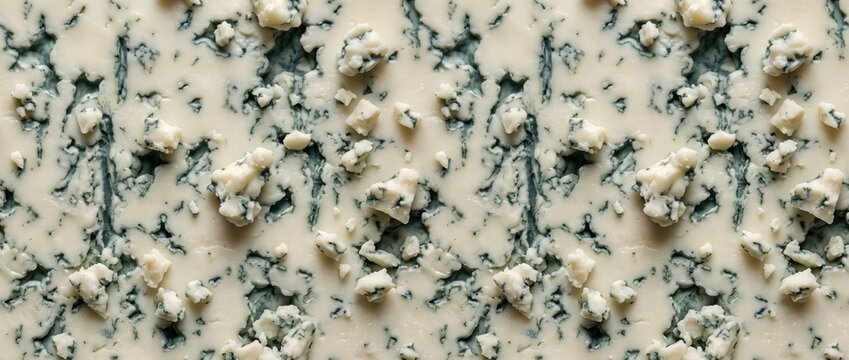 Close-up texture of blue cheese with creamy off-white paste and intricate veins of blue-green mold, macro food background