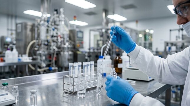 Lab Technician Performing Contamination Test On Purified Water Used In Pharmaceutical Manufacturing
