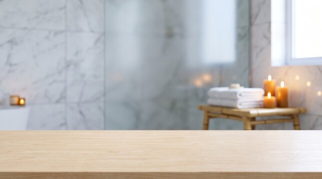 Empty wooden table top in front of a blurred luxury bathroom interior with candles and towels