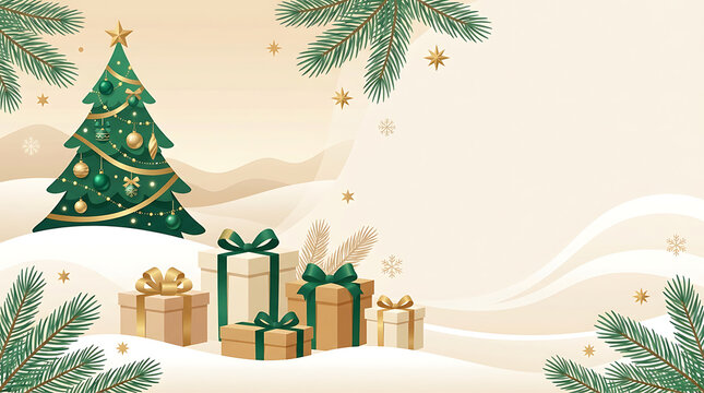 Green christmas tree with pile of gift boxes on snowy surface for seasonal celebration marketing and festive holiday greeting card background design.