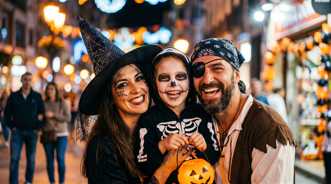 Family in Halloween costumes smiling together on illuminated city street with witch, skeleton child, and pirate outfits. American carnival for Halloween celebrating concept with copy-space.