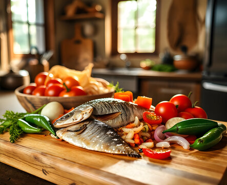 Poisson grille dispose sur une table en bois entoure de tomates fraiches, piments verts et oignons rouges, ambiance rustique et chaleureuse de cuisine traditionnelle en lumiere naturelle