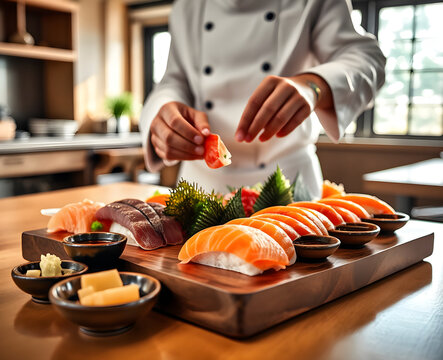 Chef cuisinier preparant avec precision un plateau de sushis frais garnis de saumon et fraises, ambiance professionnelle et raffinee dans une cuisine de restaurant japonais