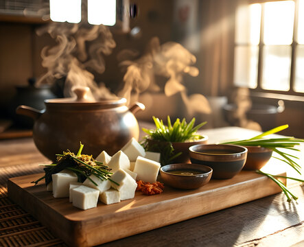 Marmite en cuivre fumante entouree de fromage et herbes fraiches sur une table en bois rustique, ambiance chaleureuse et traditionnelle de cuisine artisanale en lumiere tamisee