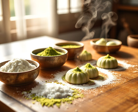 Bols en bois remplis de riz et sauce guacamole verte accompagnes de raviolis vapeur fumants, disposes sur une table rustique dans une ambiance chaleureuse de cuisine traditionnelle
