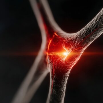 Glowing neuron cell synapse transmitting electrical impulses in a human brain network.
