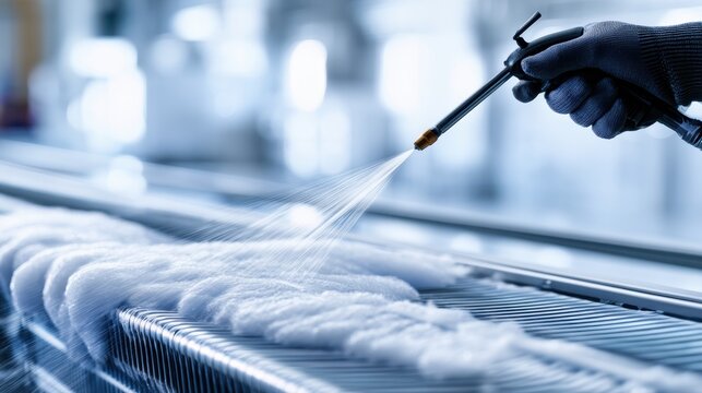 Industrial worker wearing a protective glove spraying disinfectant on filter material inside a clean factory environment with focused mist spray
