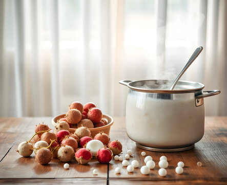 Nature morte culinaire avec petites boules de fromage frais et fruits rouges dispos&eacute;s sur une table en bois pr&egrave;s d'une casserole en inox, ambiance cuisine lumineuse et douce