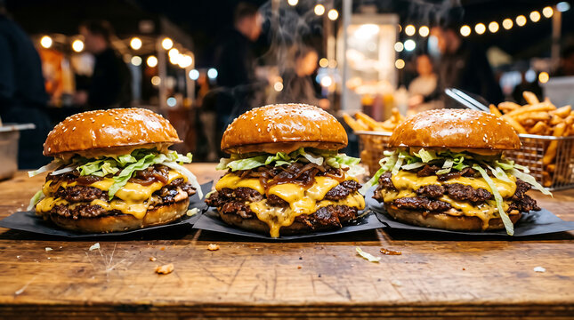 Three Juicy Beef Smash Burgers with Melted Cheese and Lettuce on a Rustic Table at a Night Food Market