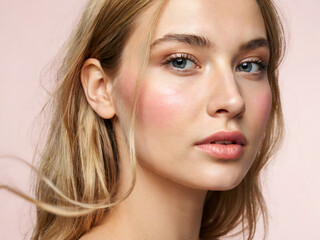 Fototapeta premium A close up portrait of a young woman with blonde hair and natural makeup, posing against a soft pink background, with a gentle, calm expression