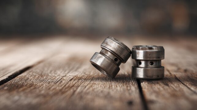 Two small worn metal mechanical components resting on a rustic wooden surface with shallow depth of field and blurred background for industrial concept