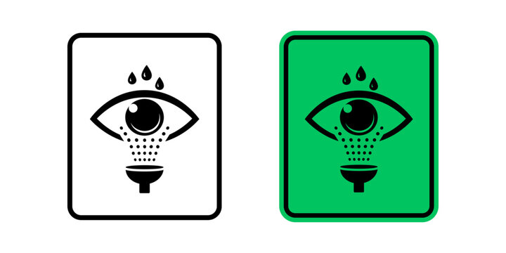 Eye wash station icon set with eye cleaning symbols. Emergency eyewash and eye safety signs for first aid, hazard prevention and industrial safety
