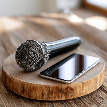 Wireless microphone and smartphone resting on a round wooden platform on a rustic wooden table with soft natural lighting