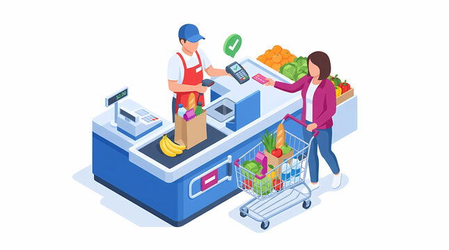 Customer paying for groceries at supermarket checkout counter isolated on white background