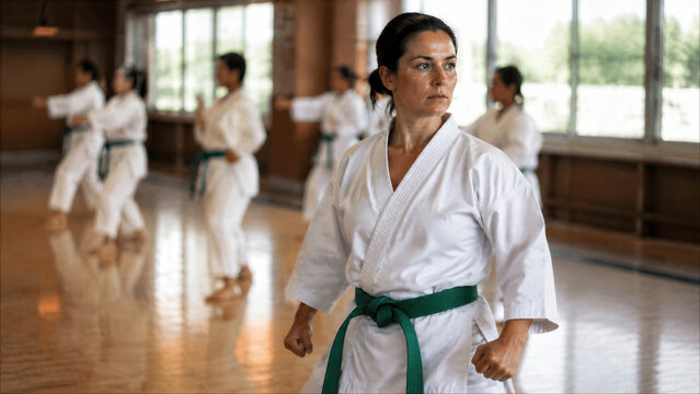 Woman practicing martial arts with a group in a studio
