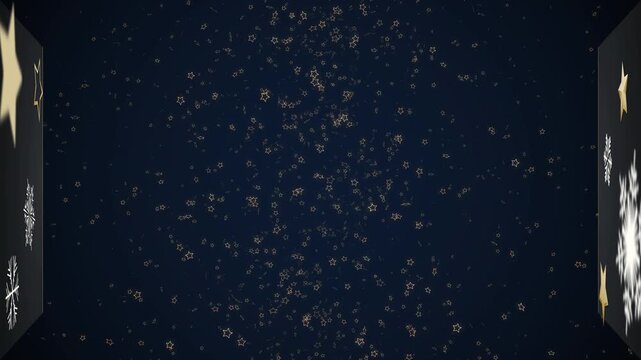 Christmas advent calendar 3D animation. Dark graphite doors open on deep blue. Golden foil number 1 shrinks and flies away into magical portal with beautiful burst of glowing micro star particles