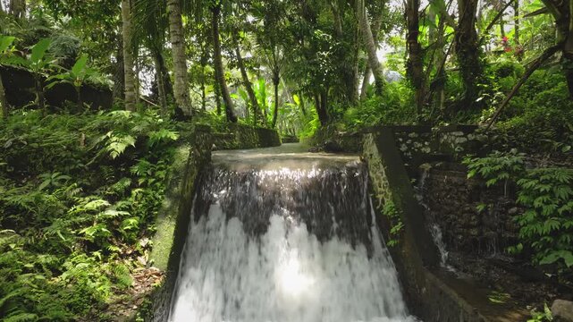 Water flowing over a man-made waterfall in a traditional Balinese subak irrigation channel, surrounded by dense tropical foliage and palm trees in Ubud. Explore Bali, Indonesia. Drone flight shot
