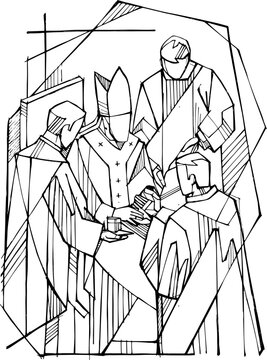 Hand-drawn Catholic priestly ordination ceremony