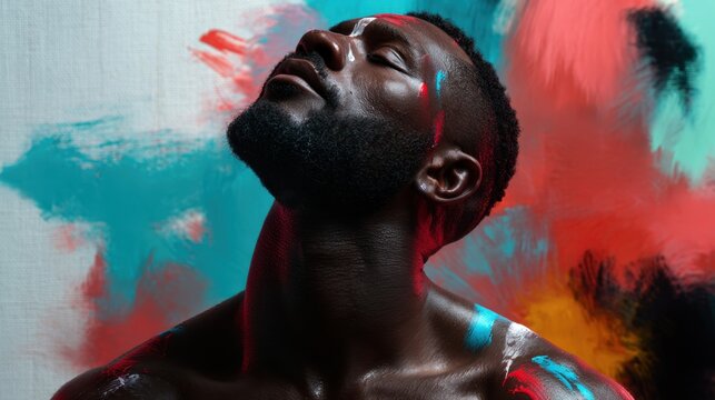 Artistic portrait of a serene man with eyes closed and colorful paint splashes on his face and shoulders against a vibrant abstract background
