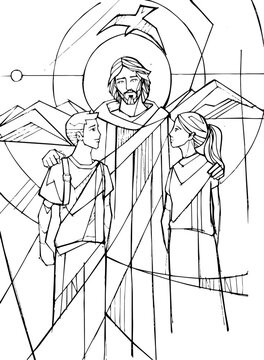 Young Jesus with two disciples line art