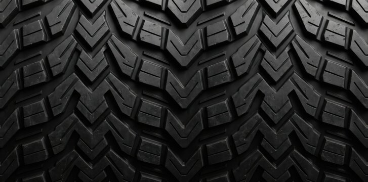 Close-up view of a black rubber tire tread pattern featuring repeating chevron-shaped blocks and deep grooves for off-road traction, captured in a symmetrical top-down orientation