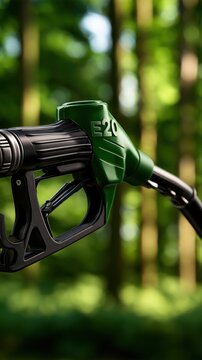 Green fuel pump nozzle labeled e20 symbolizing environmentally friendly biofuel alternative with blurred forest background promoting sustainable energy sources
