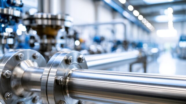 Shiny stainless steel pipes with flanges and bolts in an industrial factory corridor with blurred background and modern lighting