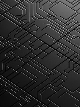 Close-up of a black surface with a geometric pattern. the pattern is made up of multiple interlocking lines and rectangles, creating a maze-like design.