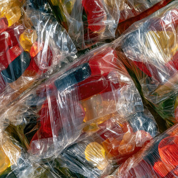 Colorful hard candy bag macro photography with clear plastic wrapping, glossy texture, and vibrant sweets creating dense wholesale packaging composition