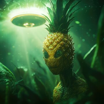 Surreal illustration of an alien with a human face emerging from a pineapple-like head. A bizarre and imaginative character concept.