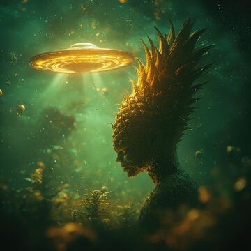 Surreal illustration of an alien with a human face emerging from a pineapple-like head. A bizarre and imaginative character concept.