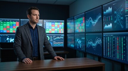 Fototapeta premium Financial analyst beside automated AI market monitoring screens, algorithmic workflow concept, artificial intelligence changing finance jobs and trading operations