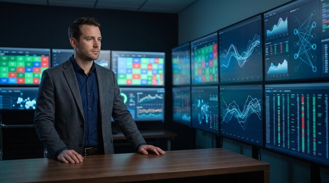 Financial analyst beside automated AI market monitoring screens, algorithmic workflow concept, artificial intelligence changing finance jobs and trading operations