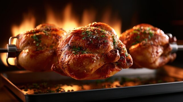 Three golden roasted whole chickens seasoned with herbs grilling on a rotating spit over open flames for a delicious meal experience