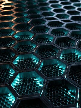 Close-up of a hexagonal pattern made up of small, interconnected hexagons. the hexagons are arranged in a grid-like pattern, with each hexagon having a different color - blue, green, and black.