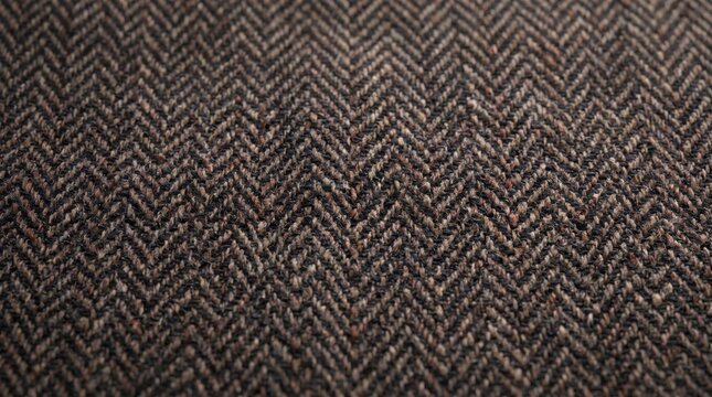 Close-up view of a dark brown and grey herringbone fabric texture, featuring a repeating v-shaped weave pattern in a dense, woven wool textile