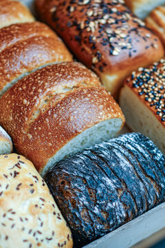 A variety of breads displayed in a box, ideal for use in still life photography or food-related compositions. vertical frame