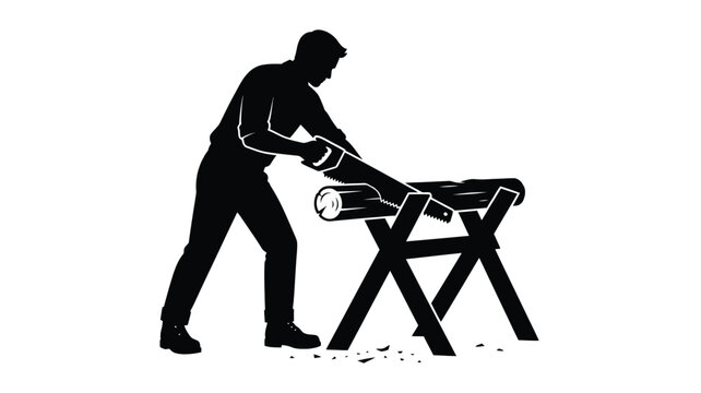 Lumberjack sawing log on sawhorses black silhouette