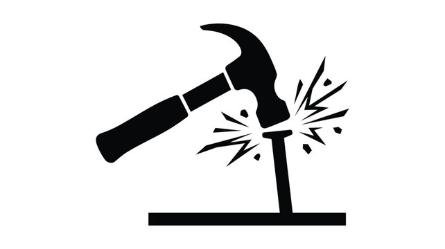 Hammer striking nail black silhouette against a white background